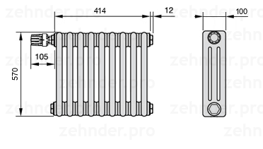 Схема (чертеж) Радиатор Zehnder Charleston 3057/9 №V011 Белый глянцевый RAL 9016
